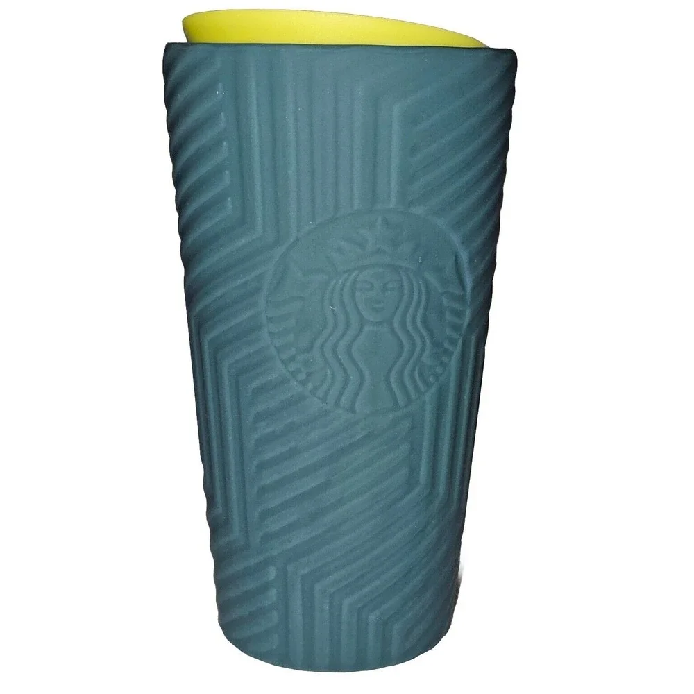 Starbucks Geometric Blue Ceramic  Tumbler (12 oz) w/Yellow lid. Soft/touch